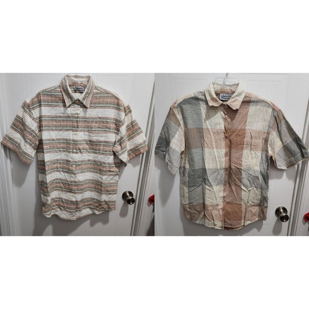 Lot of 2 Vtg Lemon Grass Womens Short Sleeve Button Down Shirts Earth Tones Sz M